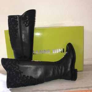 Embroidered Black Leather  Boots. Worn twice.